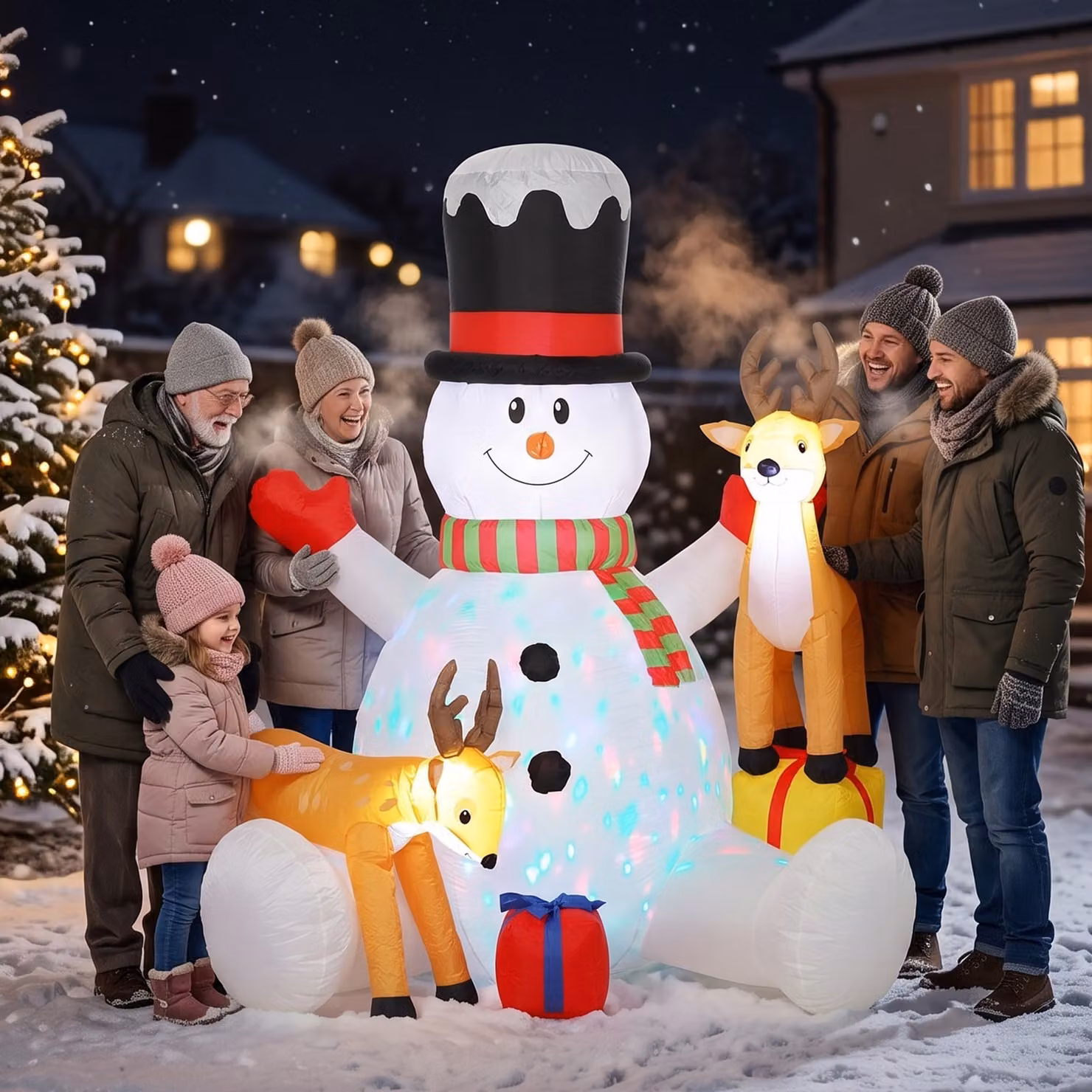 Outsunny 7ft Giant Christmas Inflatable Snowman with 2 Reindeer and LEDs, White and Brown Outdoor Blow Up Decoration – 2