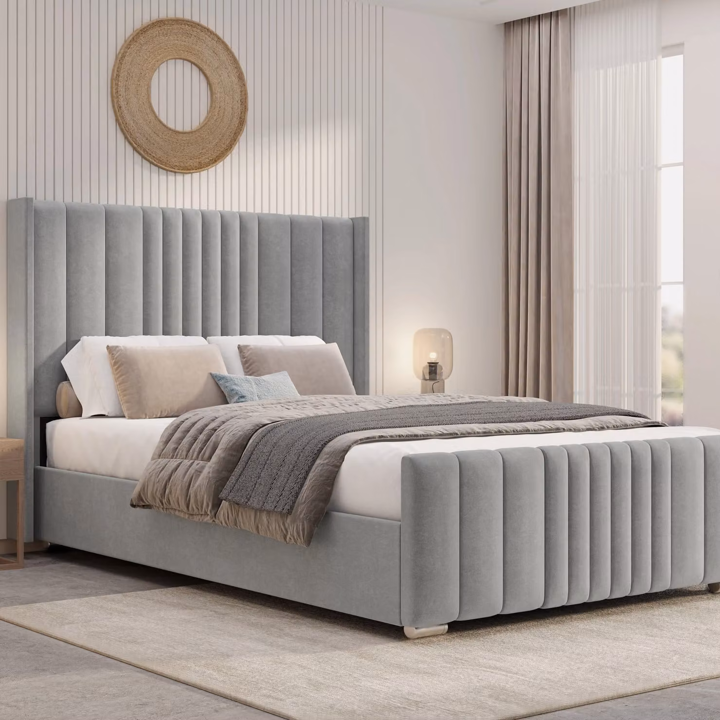 DHS Winged Ottoman Storage Bed Frame with Striped Velvet Fabric in Grey, W/D/H: 180 x 200 cm
