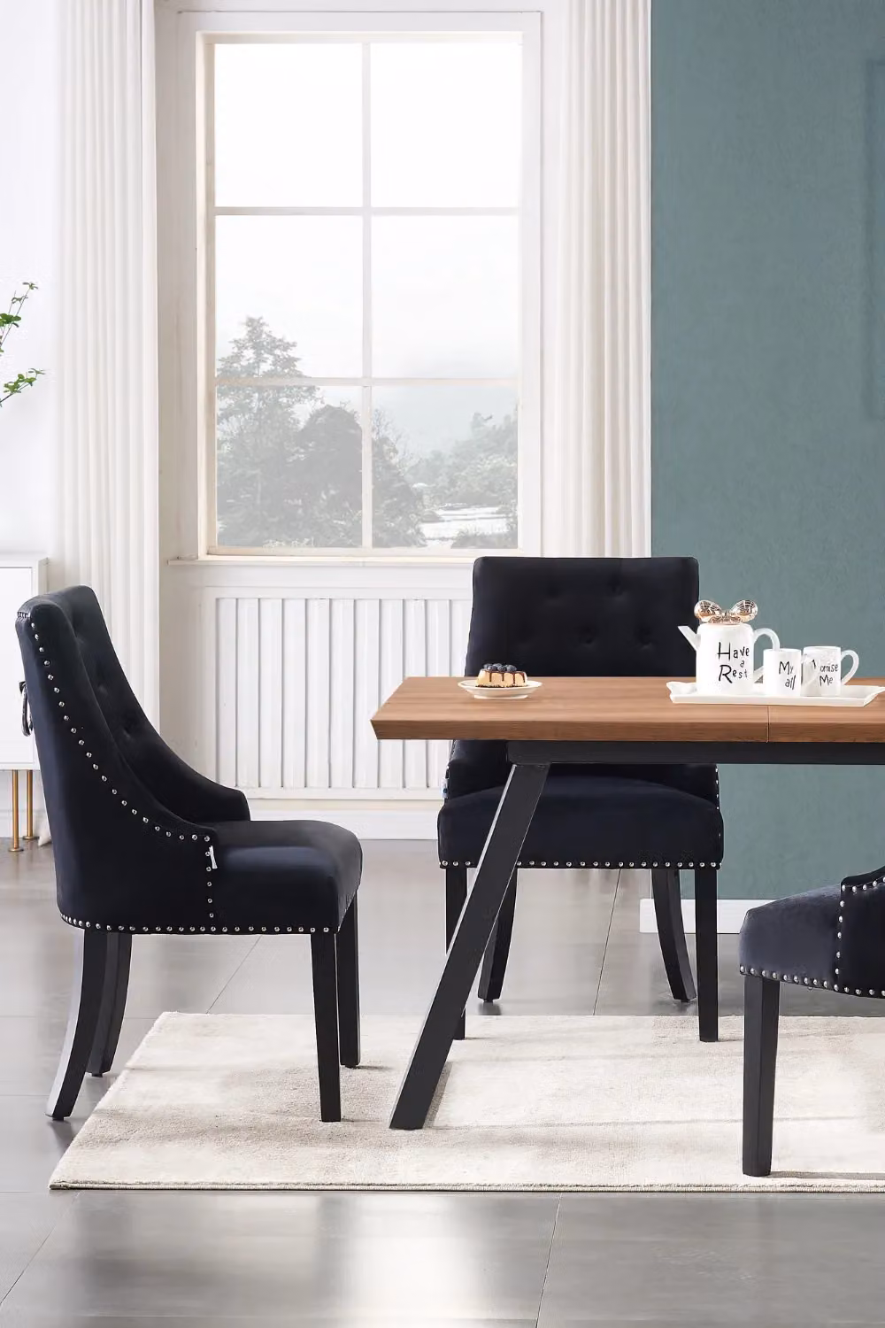 Life Interiors Set of 6 Black Velvet Upholstered Dining Chairs with Solid Wood Legs – 4