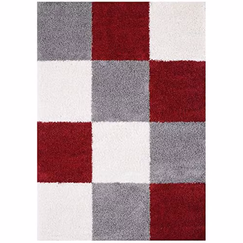 THE RUGS Modern Checked Shaggy Area Rug, Red and Grey, W/D/H: 180 x 270 x 3 cm – 6