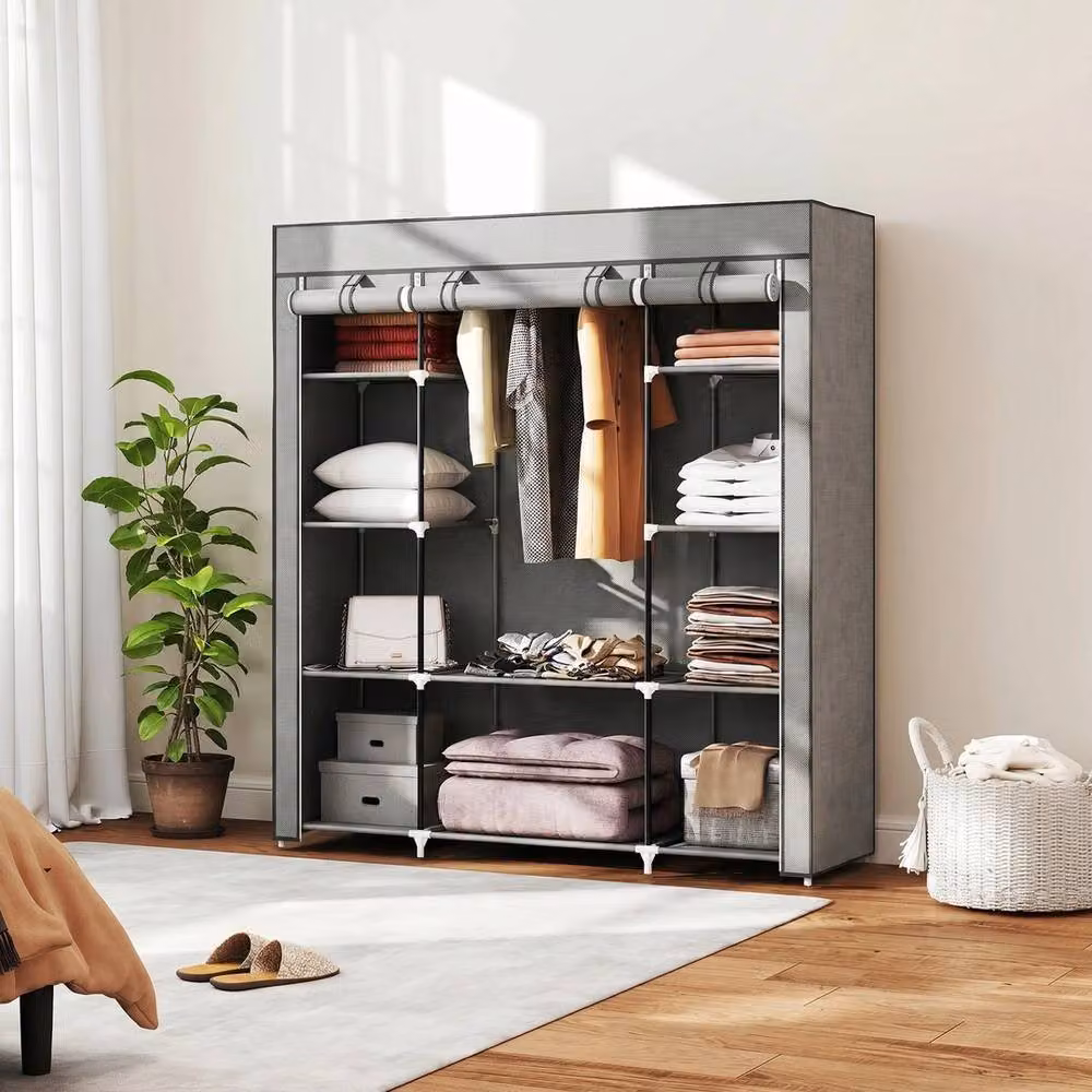 FORGEVIO Grey Fabric Wardrobe with Roll Shutter and 10 Shelves, H 162.5 x W 150 x D 43 cm – 2