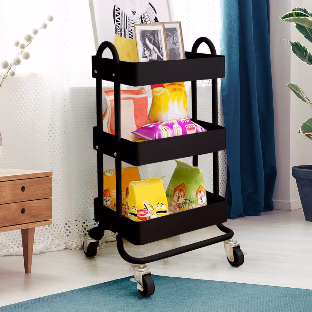 Levede 3-Tier Kitchen Trolley Cart Black Metal Storage Rack with Wheels – 7