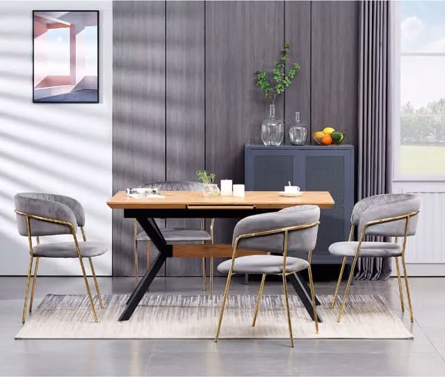Life Interiors Atarah Blaze LUX Extendable Dining Set with Butterfly Leaf and 6 Chairs in Grey and Gold