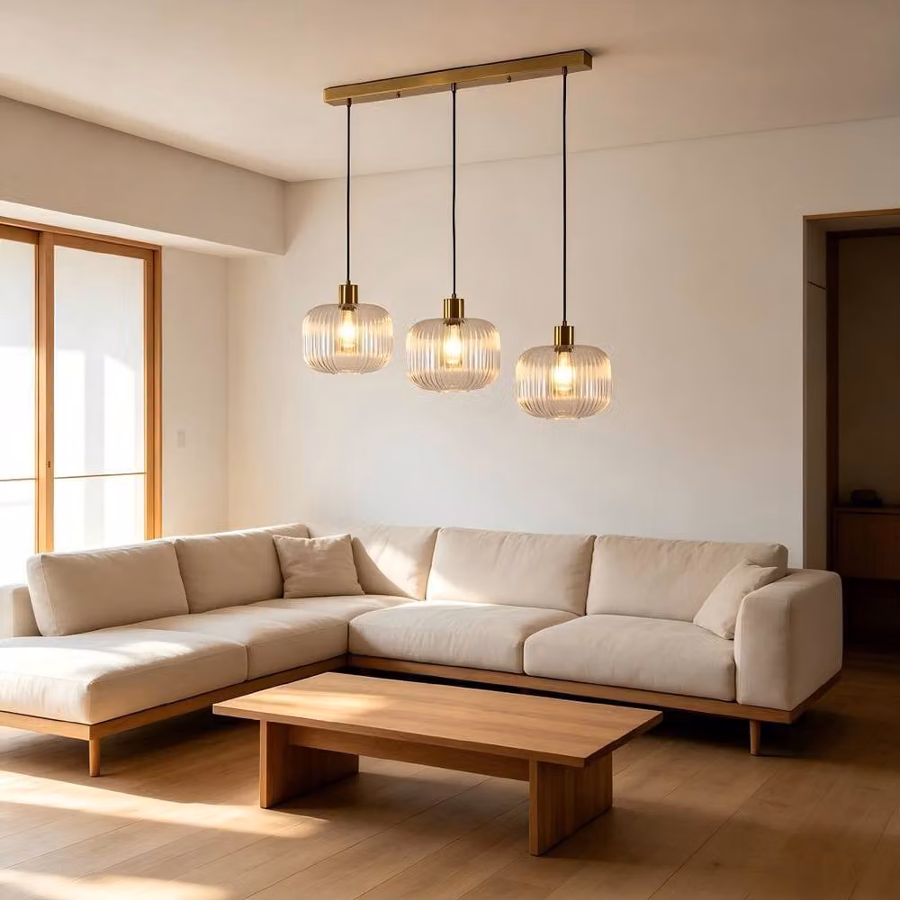 Goeco Gold Linear Pendant Light with Transparent Ribbed Glass and Metal Construction, Height Adjustable – 2