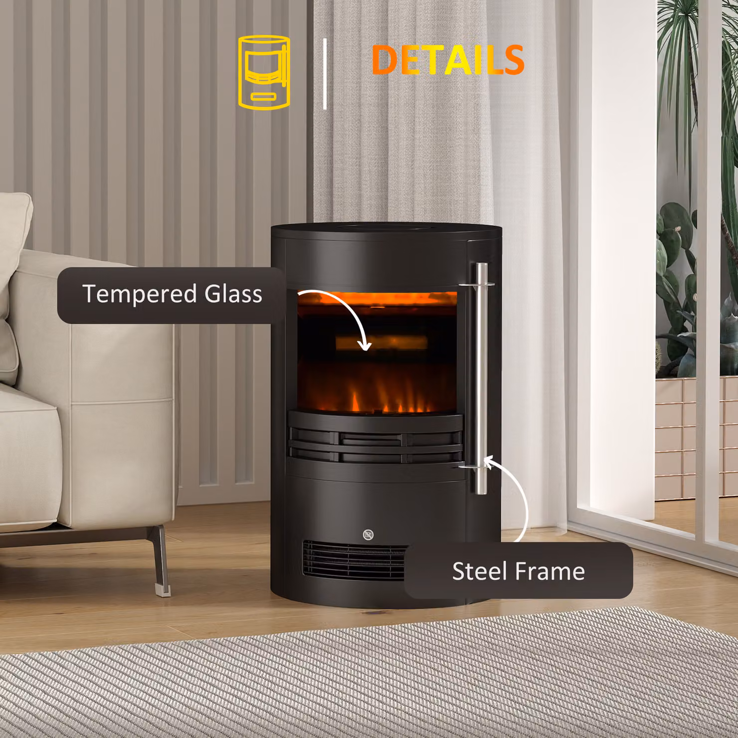 HOMCOM Black Freestanding Electric Fireplace with Log Burner Effect and Thermostat Control, 1800W – 5