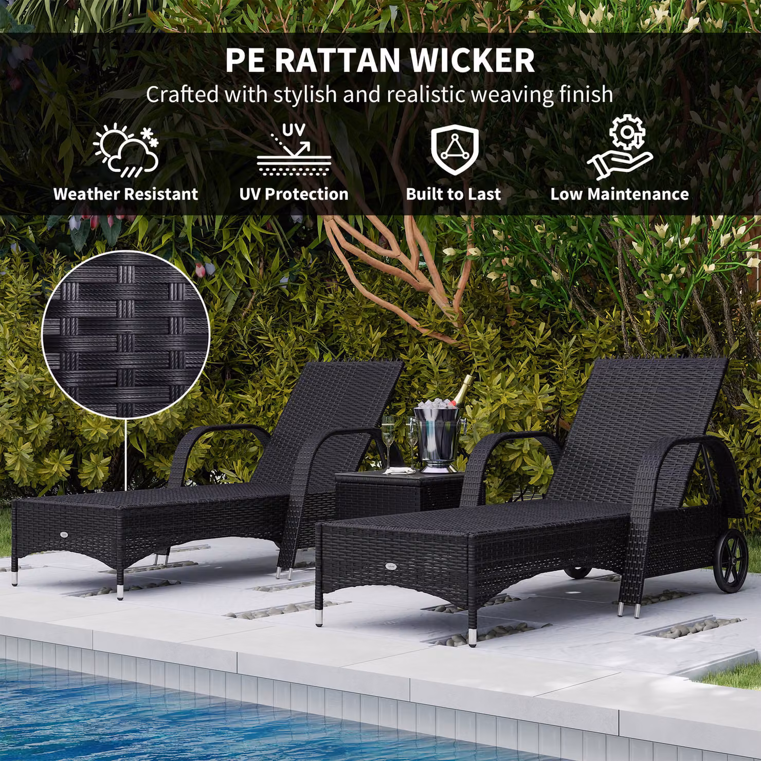 Outsunny 3 Piece Black PE Rattan Patio Lounge Chair Set with Cushions and Side Coffee Table – 7