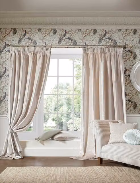 Laura Ashley Loretta Beige Velvet Blackout Pencil Pleat Thermal Insulating Curtains H: 229 cm x W: 168 cm