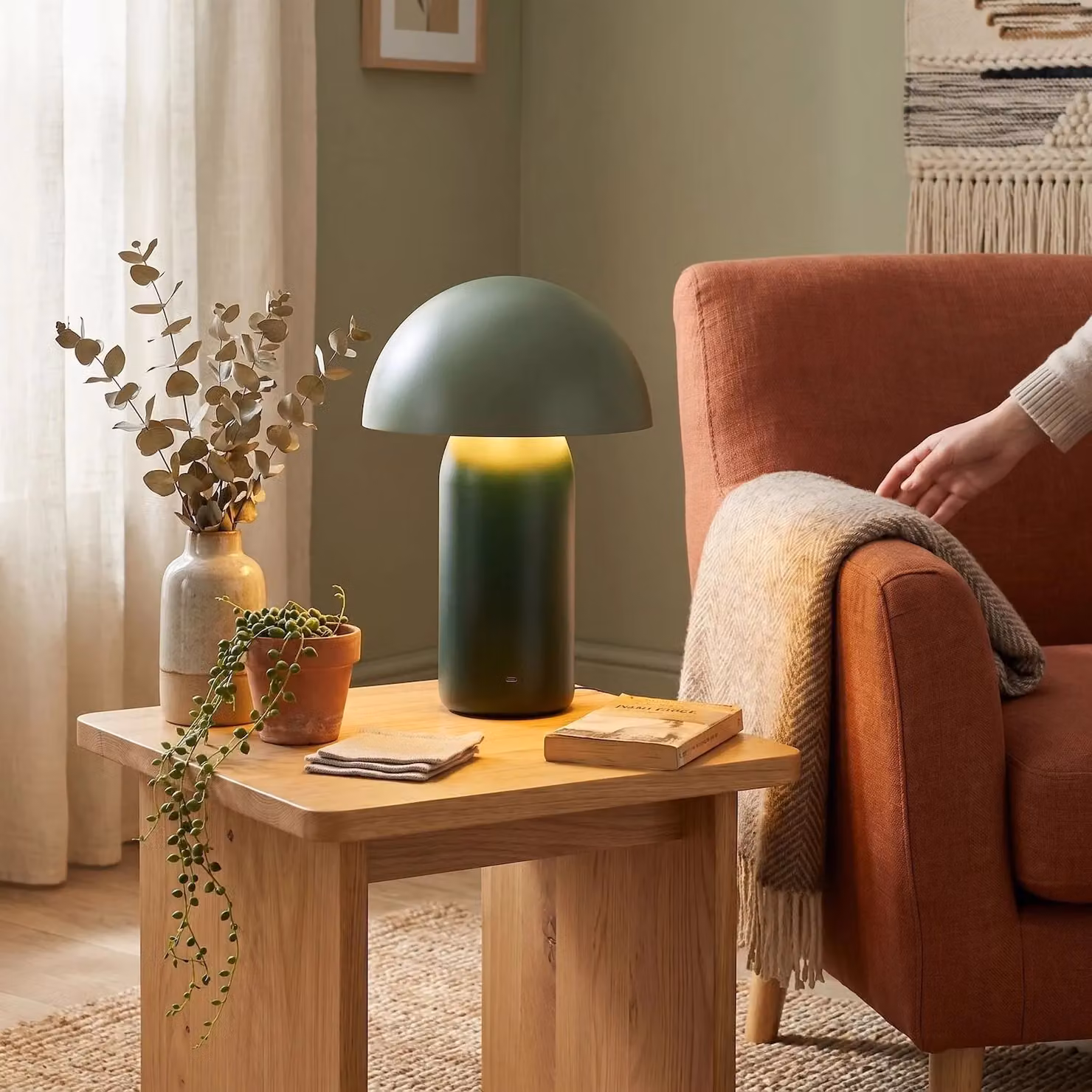 Happy Homewares Modern Rechargeable Mushroom Table Lamp with Touch Dimmer in Green, Height: 35.56 cm – 5