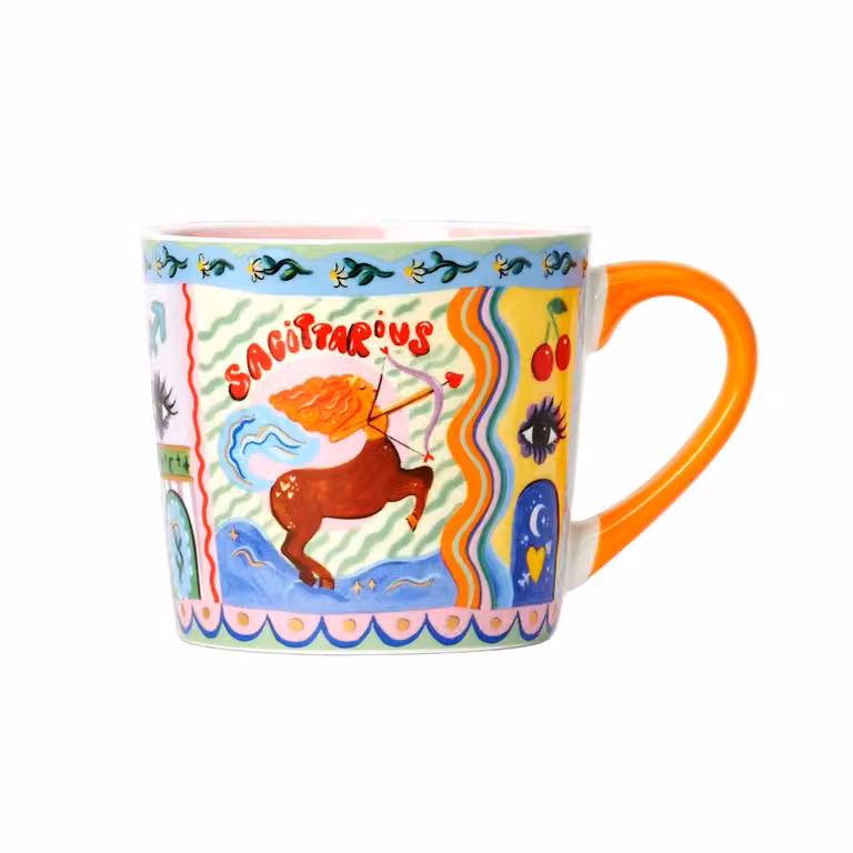 Eleanor Bowmer Sagittarius Zodiac Bone China Mug in Orange, Gold and Multicolour
