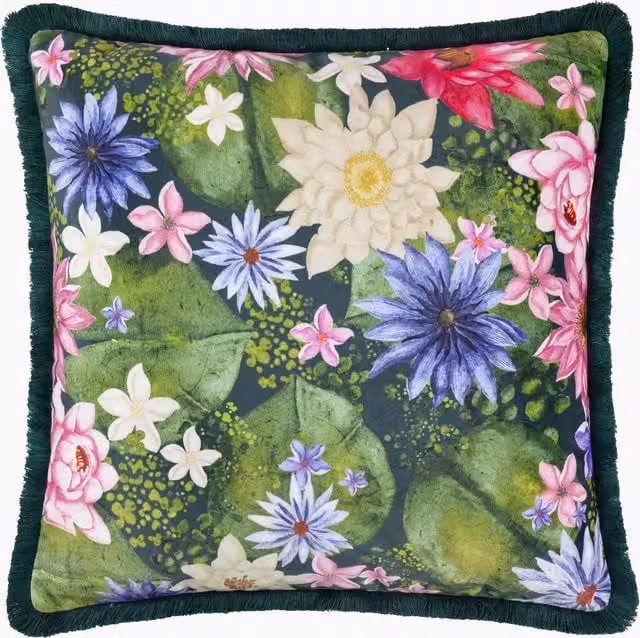 Make It A Home Marjoelle Floral Printed Velvet Cushion in Multicolour and Green