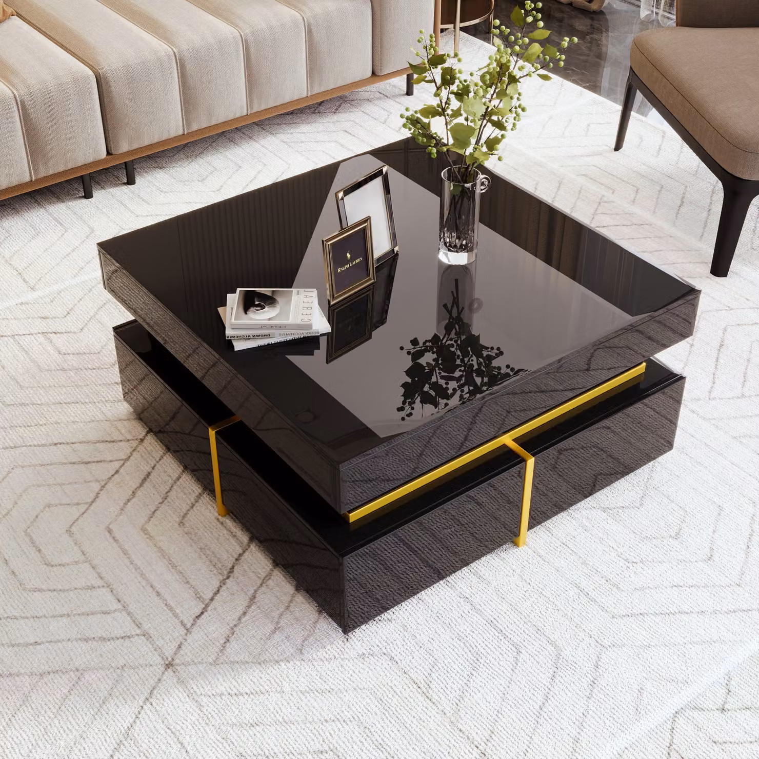 Aosom UK High-Gloss Modern Square Coffee Table with Drawers and Storage, Black and Gold, W: 70 cm, D: 70 cm, H: 35.5 cm – 3