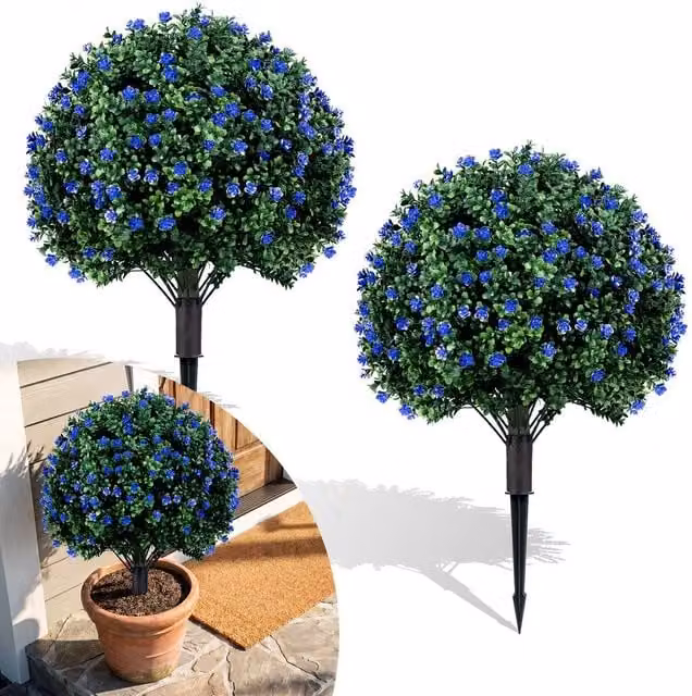 Costway 2-Piece Artificial Camellia and Boxwood Topiary Ball Trees in Green, Purple and Multicolour