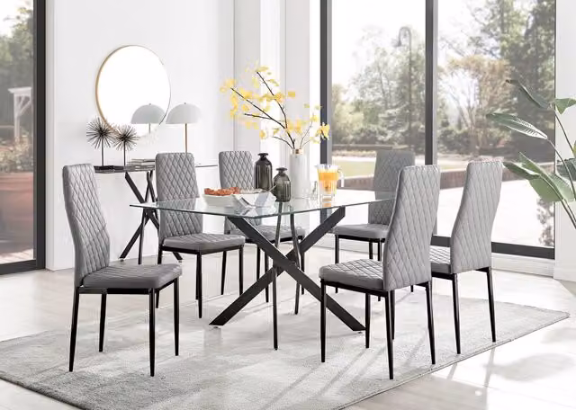 FurnitureboxUK Leonardo Glass Dining Table with 6 Milan Grey Chairs and Black Legs