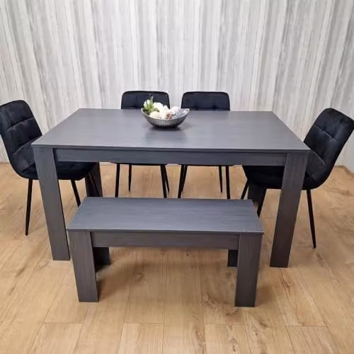 KOSY KOALA Modern 6 Seater Dining Set with Rectangular Dark Grey Table, 4 Black Velvet Chairs and 1 Bench, W/D/H: 140 x 80 x 75 cm – 1