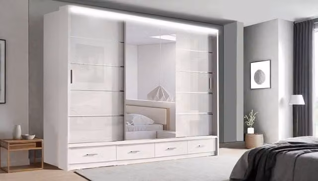 RAC3 Modern High Gloss Sliding Wardrobe with LED Mirror and Integrated Drawers, W/H: 256 x 216 cm, White/Black/Grey
