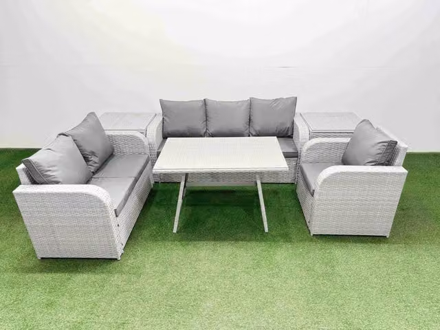 Fimous Patio Dining Table and Chairs Set with Reclining Chair and 2 Side Tables in Light Grey