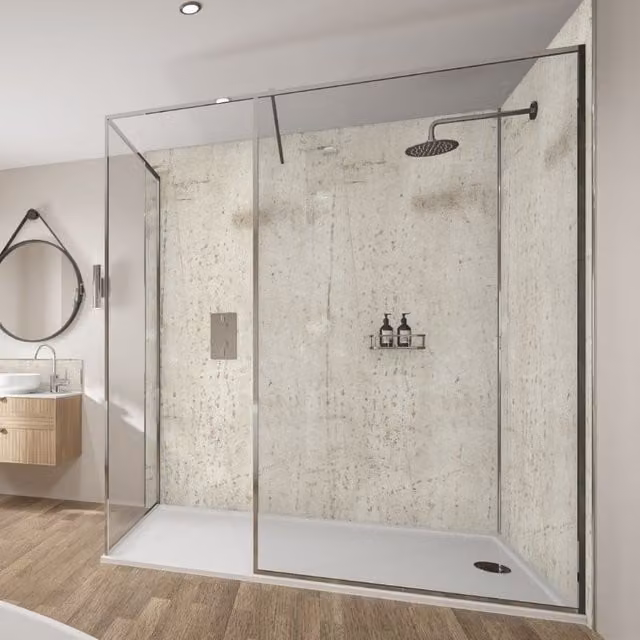 Wetwall Cream Stone Laminate Wall Panel with Tongue and Groove, W: 58.5 cm, H: 242 cm, D: 1.1 cm