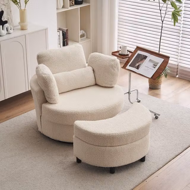 Aosom Teddy 360 Swivel Armchair Set with 3 Back Cushions and Crescent Ottoman Stool in White Boucle Fabric, W/D/H: 105 x 107 x 82 cm
