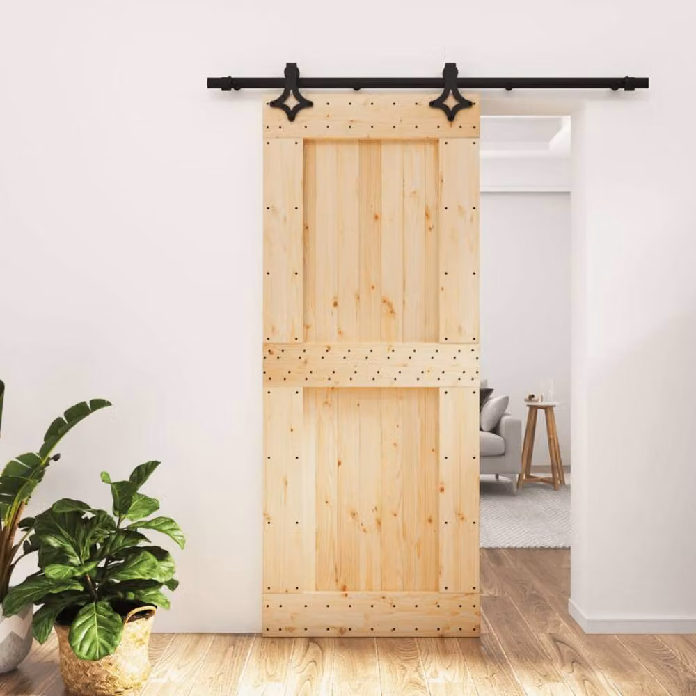 Berkfield Home Rustic Solid Wood Pine Sliding Door with Hardware Set in Beige, W: 85 cm, H: 210 cm – 1