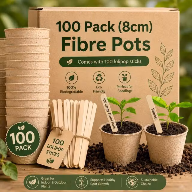 Green Thumbz 100 Pack Biodegradable Seedling Pots for Herbs and Flowers, Brown, 8 cm