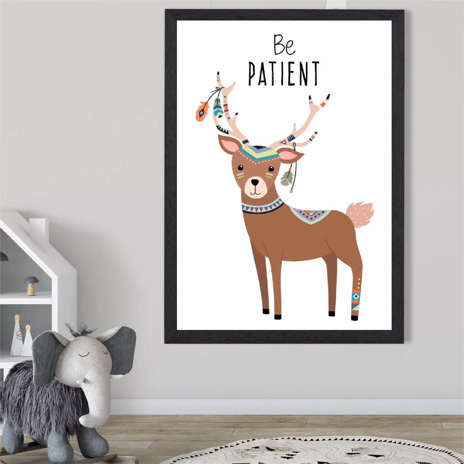 ARTZE Be Patient Deer Tribal Animal Quote Framed Print, Black Frame, Brown and Multicolour, A2 – 2