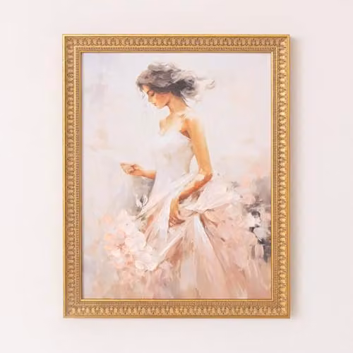 Melody Maison Large Vintage Ballerina Floral Wall Print in Pink, White and Gold, W: 40 cm, H: 50 cm