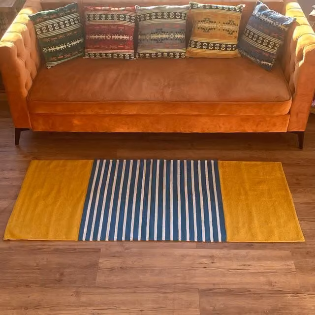 KDMK Ethnic Striped Rectangular Cotton Rug in Yellow and Blue