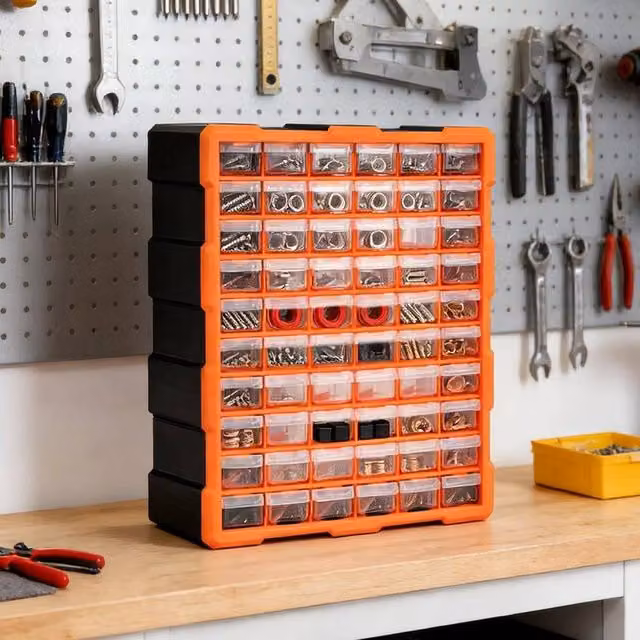 SPETLEK Multi Drawer Parts Organiser Unit with 60 Orange and Transparent Drawers