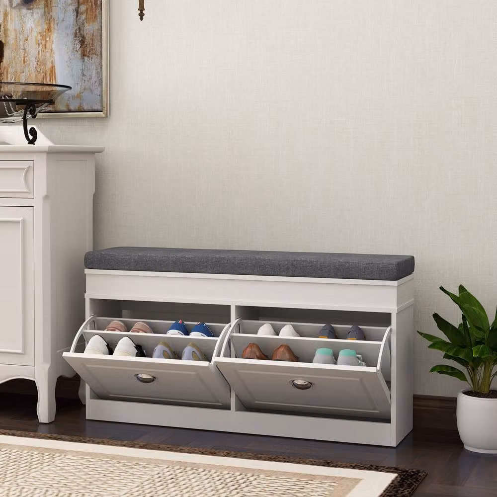 STILVORA Shoe Storage Bench with Cushion and Flip Drawers in White – 2