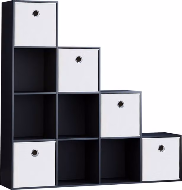Vida Designs Durham 10 Cube Staircase Bookcase with 5 White Baskets, Black – 5