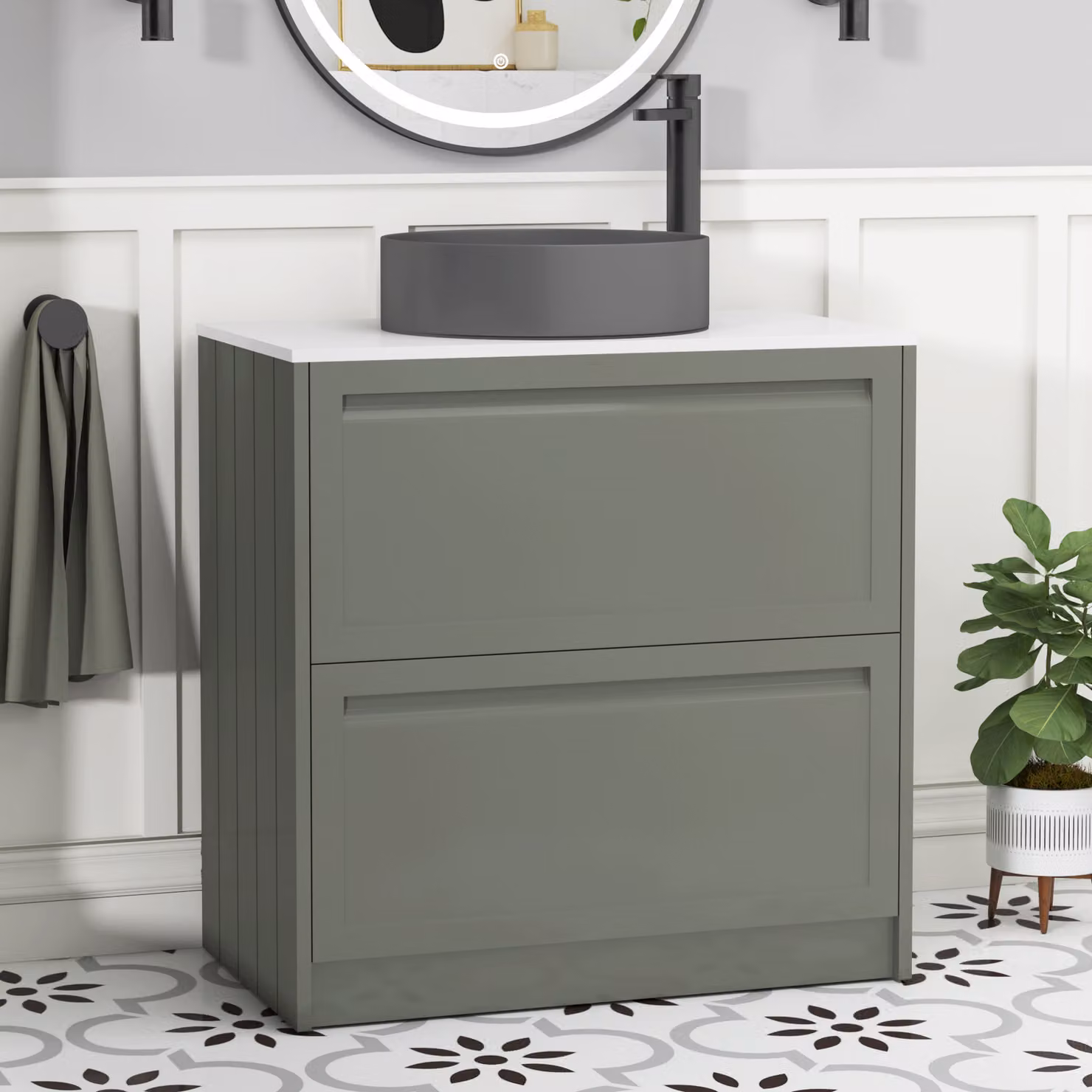 Royal Bathrooms Elmore 800mm Floor Standing Vanity Unit in Matt Green with 2 Drawers, Plain White Worktop and Art Round Basin