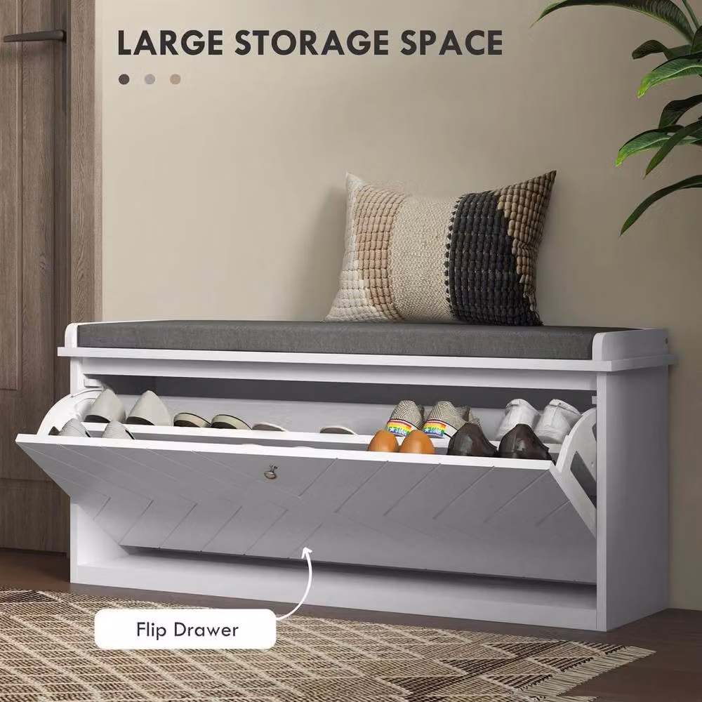 KORVIXA Upholstered Shoe Bench with Flip Drawer in White – 2