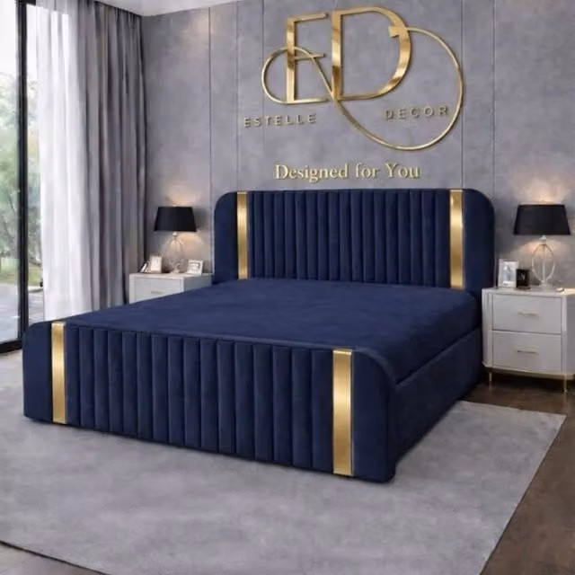 Stratus Interiors Aura Single Bed with Blue Velvet Upholstered Rounded Panel, Gold Accents and Gas Lift Storage Base, W/D/H: 90 x 190 cm – 1