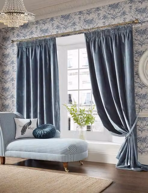 Laura Ashley Loretta Blue Velvet Blackout Pencil Pleat Curtains, H: 168 cm, W: 137 cm