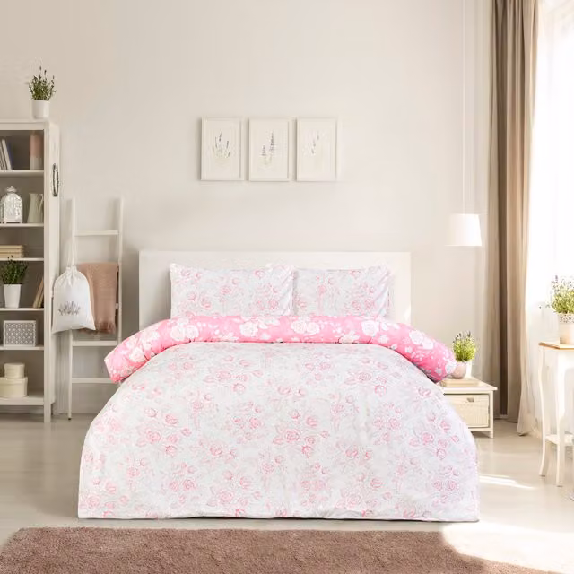 Smart Living Reversible Floral Toile Microfibre Duvet Cover and Pillowcase Set, Pink, W: 90 cm, H: 200 cm