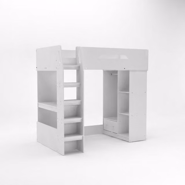 Kidsaw White Solid Wood Single High Sleeper Bed Frame with Stairs and Drawers, W/D/H: 90 x 190 cm