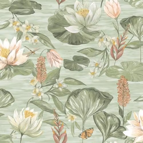 Holden Decor Rural Paradise Lily Pad Wallpaper in Green with Modern Floral Marsh and Pond Pattern