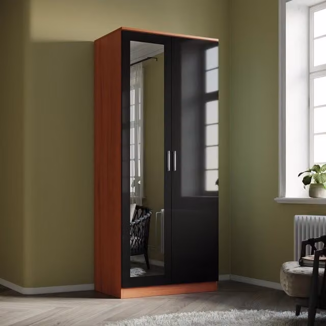 Comfy Living Modern High Gloss 2 Door Mirrored Wardrobe in Walnut and Black