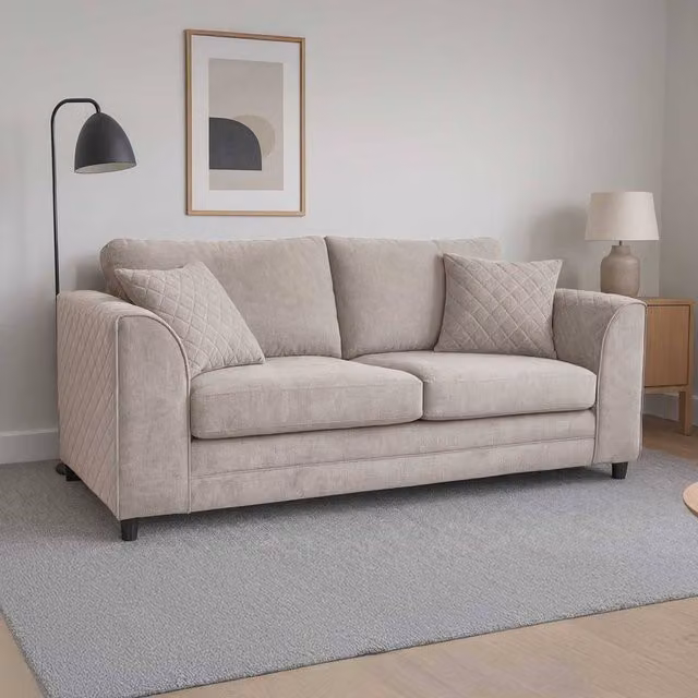 Furnishings For Less UK Quilted Chenille Fabric 3 Seater Sofa with Scatter Back and Curved Arms in Beige
