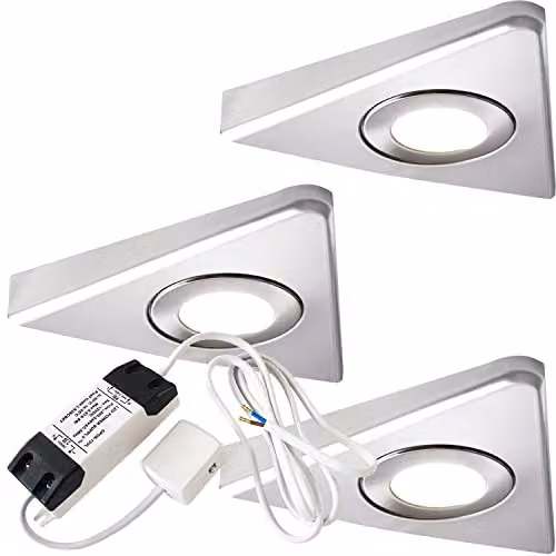 Loops 3x Triangle Surface Mounted Under Cabinet Kitchen LED Light and Driver Kit in Brushed Nickel with Warm White LED – 1