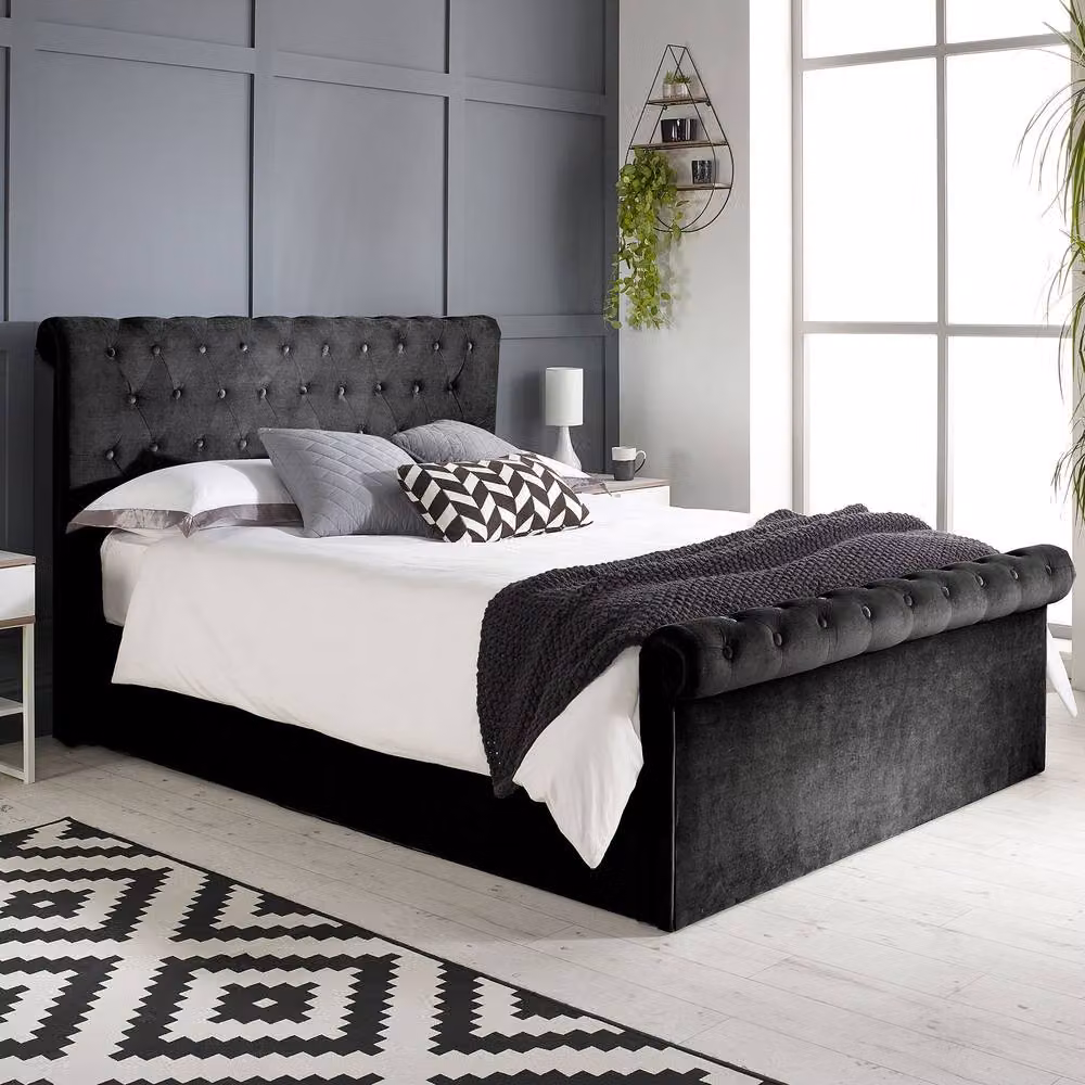 Aspire Mayfair Chesterfield Sleigh Ottoman Velvet Bed Frame in Black, W/D/H: 120 x 200 cm – 2