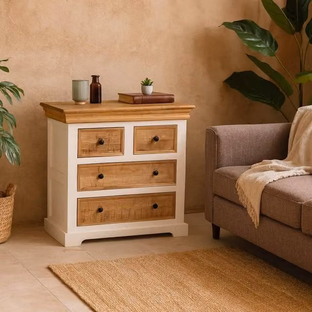 Wyld Haus Alington Four Drawer Chest in White and Brown Solid Mango Wood