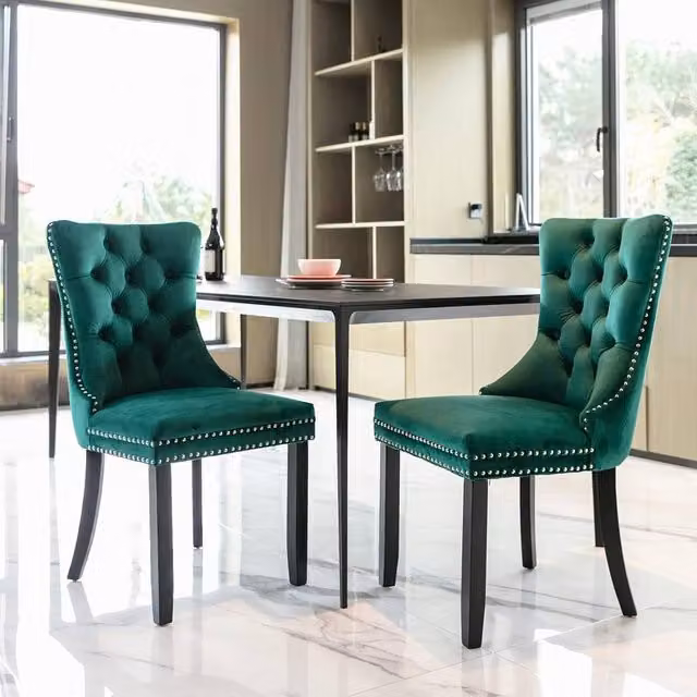 Modern Home Touch Romsey Set of 2 Velvet Upholstered Dining Chairs with Oak Legs and Knocker Ring Back in Green – 1