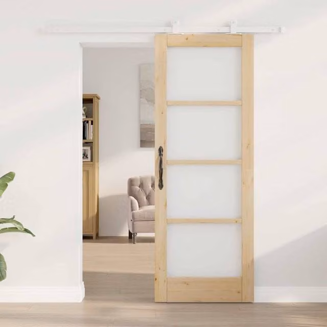 Berkfield Home Orkdal Sliding Door with Hardware Set in Beige, Solid Wood and Glass, H: 198.5 cm, W: 73.5 cm