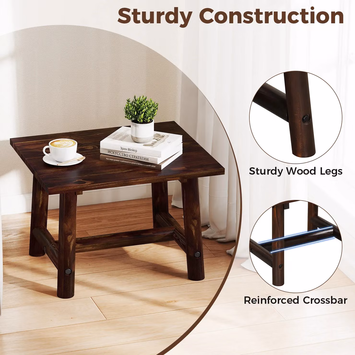 Costway Square Side Table in Brown Solid Pine Wood – 6