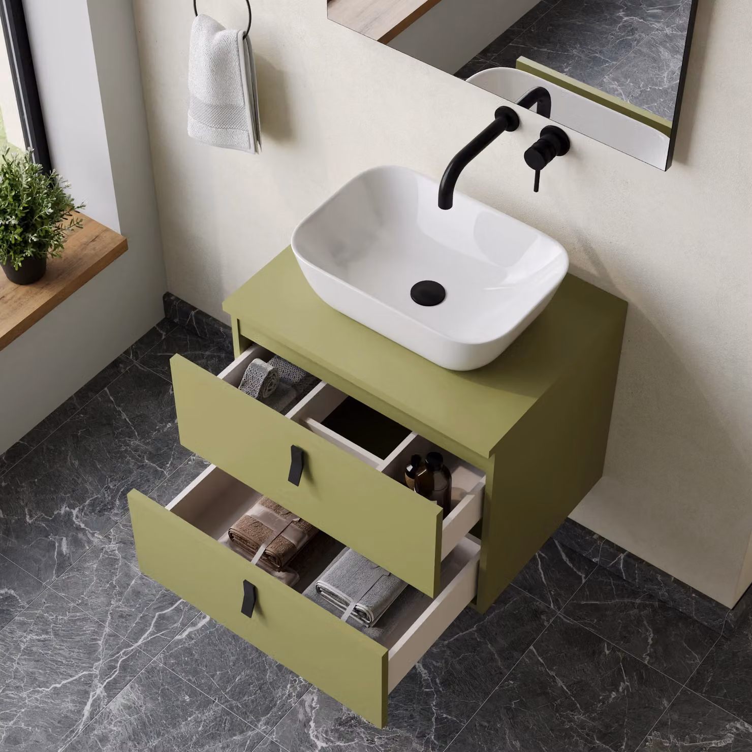 Banyetti Invicta 600mm Wall Hung Vanity with Matching Worktop in Sage Green – 2