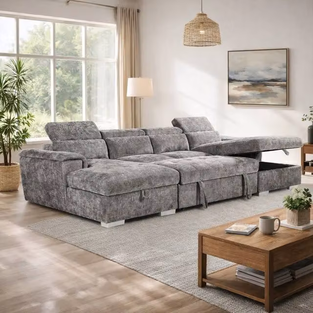 Furnishings For Less UK Grey Fabric 5 Seater U Shaped Sofa Bed with Adjustable Headrests and Storage