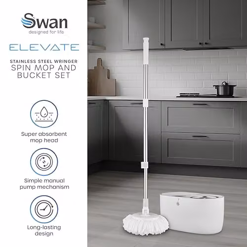 Swan Elevate Spin Mop and 5 Litre Bucket Set with Stainless Steel Wringer and Microfibre Mop Head, White SWFC2011WHTN – 2