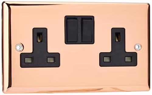 Varilight 2-Gang 13A Double Pole Switched Socket in Polished Copper with Black Inserts in Brown