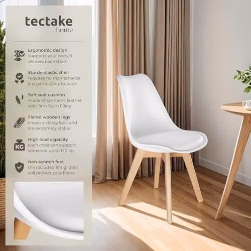 tectake Set of 6 Scandinavian Design Dining Chairs with Solid Wood Legs in White – 2